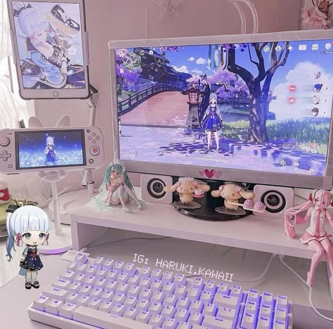 Aesthetic Desk Makeover, Desk Makeover Ideas, Kawaii Nintendo Switch, Pink Switch, Video Game Room Decor, Kawaii Nintendo, Nintendo Switch Controller, Games Room Inspiration, Cute And Aesthetic