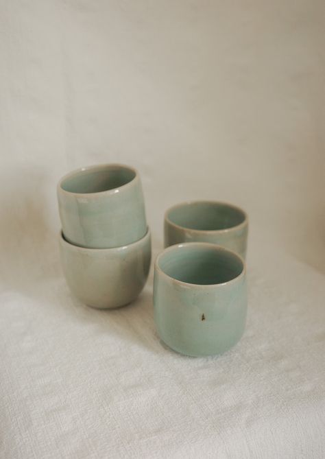 Ocean mist espresso cups Ceramic Room Decor, Cool Pottery Ideas, Pottery Glazing Ideas, Ceramic Glaze Ideas, Teacup Pottery, Tea Cup Pottery, Espresso Cups Ceramic, Ceramic Espresso Cups, Ceramic Wheel