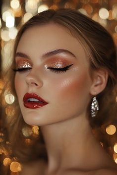 Party Makeup Red Lips, Eye Makeup Christmas Party, Red Lip Makeup Look Glam, Christmas Party Make Up, Glitter Glam Makeup, Makeup Bold, Eyes Glowing, Christmas Party Makeup, Eye Makeup Guide