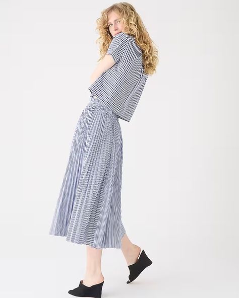 J.Crew: Pleated Midi Skirt In Striped Cotton Blend For Women Pleated Midi Skirt, Stripe Print, Fashion News, White Stripe, Midi Skirt, J Crew, Womens Skirt, Cotton Blend, Blue And White