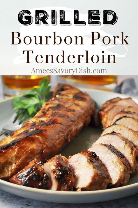 This grilled bourbon pork tenderloin is flavorful and easy made with Kentucky bourbon, soy sauce, brown sugar, garlic, dijon mustard, and spices.   This easy grill recipe is packed with protein and perfect for meal prep! Bourbon Pork Tenderloin, Bourbon Pork, Grilled Pork Tenderloin Recipes, Easy Grill, Grilling Recipes Pork, Slow Cooked Pulled Pork, Pork Loin Roast Recipes, Pork Entrees, Bourbon Recipes