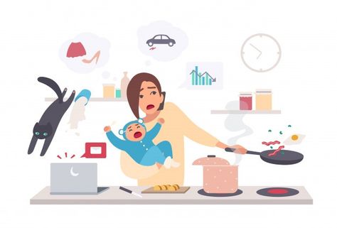 Busy mother with baby, multitask woman. ... | Premium Vector #Freepik #vector #baby #house #children #woman Motherhood Cartoon, Vw Amarok, Bad Parents, Working Mother, Second Child, Flat Illustration, Multi Tasking, Glass Jar, Time Management