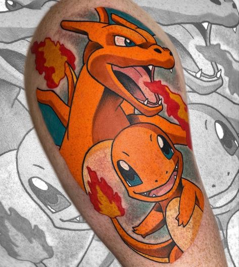 Charizard Tattoo Design, Charmander Tattoo Ideas, Pokémon Painting, Charmander Tattoo, Charizard Tattoo, Charmander Evolution, Tattoo Cartoon, Tattoo Pierna, Pokemon Painting