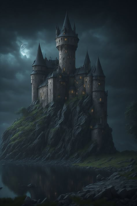 lake Spooky Castle Illustration, Gothic Castle Aesthetic, Mythological Aesthetic, Evil Castle, Haunted House Pictures, Castle On A Hill, Gothic Castles, Witch Castle, Spooky Castle