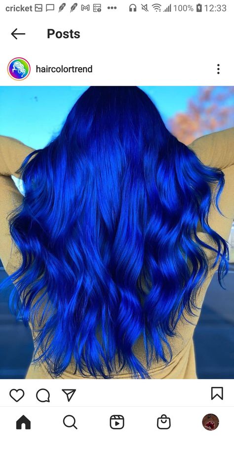 Electric Blue Hair, Bright Blue Hair, Dye Inspiration, Royal Blue Hair, Peach Hair Colors, Unicorn Hair Color, Hairstyles Diy, Blue Ombre Hair, Dark Blue Hair