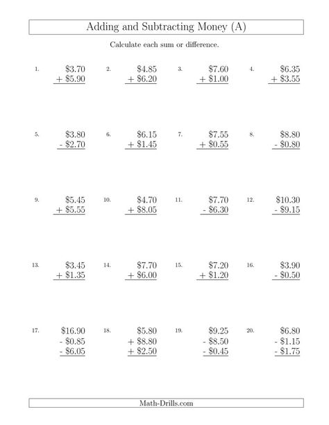 The Adding and Subtracting Dollars with Amounts up to $10 in Increments of 5 Cents (A) Math Worksheet from the Money Worksheets Page at Math-Drills.com. Counting Coins Worksheet, Counting Money Worksheets, Money Math Worksheets, Money Word Problems, Adding Money, Math Fact Worksheets, Integers Worksheet, Fun Math Worksheets, Everyday Math