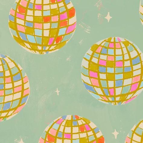 Samantha Johnson on Instagram: "It’s Friday! 🪩 . . . . . #artforlicensing #artlicensingdesign #licensingartist #printandpattern #illustrationart #colorpalette #color #pinkart #surfacepattern #surfacedesigner #illustration #illustrator #disco #discoball #discoart #pattern #birthday #wrappingpaper #mirrorball" Groovy Disco Aesthetic, Disco Ball Illustration Graphic Design, Disco Illustration Art, Mirrorball Illustration, Natural Life Aesthetic, Disco Ball Pattern, Retro Astethic, Disco Color Palette, Celebrate Aesthetic