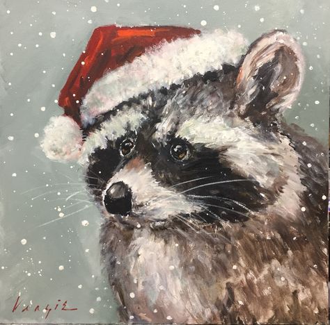 Christmas Raccoon with a Santa Hat 8x8" print at mmveazie.com Racoon Matching Pfp, Christmas Raccoon, Raccoon Print, Raccoon Art, Christmas Paintings On Canvas, Holiday Painting, Watercolor Christmas Cards, Christmas Canvas, Christmas Drawing