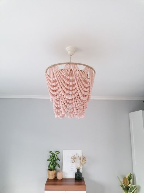 Pink beaded Chandelier style light shade. Toddler Chandelier, Pink Beaded Chandelier, Beaded Ceiling Light, Boho Chandelier Bedroom, Bead Chandelier, Beaded Chandelier Bedroom, Bedroom Lampshade Ceiling, Nursery Chandelier, Surfer Room