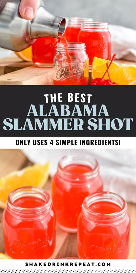 Fun and fruity, this crimson Alabama Slammer Shot is a quick shake-and-strain shot recipe that will make its way into your regular shot rotation. With just four ingredients and super simple steps, shot takers in every state will love this recipe. Common Shots At Bars, Football Shots Alcohol, Premade Shots, Easy Shots To Make In Bulk, Alabama Slammer Shot Recipe, Red Shots Alcohol, Shots For A Crowd, Shooters Alcohol Recipes, Easy Shot Recipes