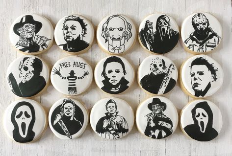 Michael Myers Themed Food, Michael Myers Cake Ideas, Michael Myers Birthday Party, Michael Myers Cookies, Michael Myers Cookies Decorated, Michael Myers Party, Horror Movie Cookies Decorated, Horror Themed Cookies, Horror Movie Cookies