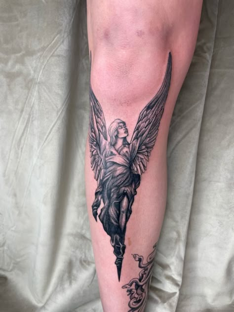 Angel tattoo on my shin/ knee Angel Shin Tattoo, Angel Tattoo Men Leg, Angel Tattoo On Thigh, Men’s Knee Tats, Angel Leg Tattoo Men, Knee Wings Tattoo, Angel Knee Tattoo, Angel Tattoo Leg, Men’s Knee Tattoo