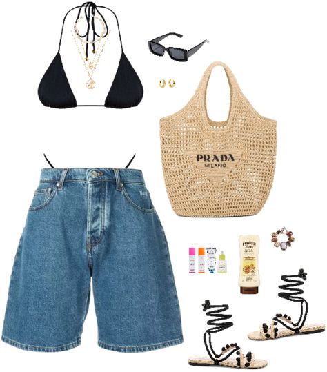 beach outfit ideas | 90s Beach Outfit, Beach Vibes Outfit, Beach Outfit Ideas, 90s Beach, Nontoxic Beauty, Palm Tree Necklace, Chunky Gold Hoop Earrings, Hawaiian Tropic, Y2k Men