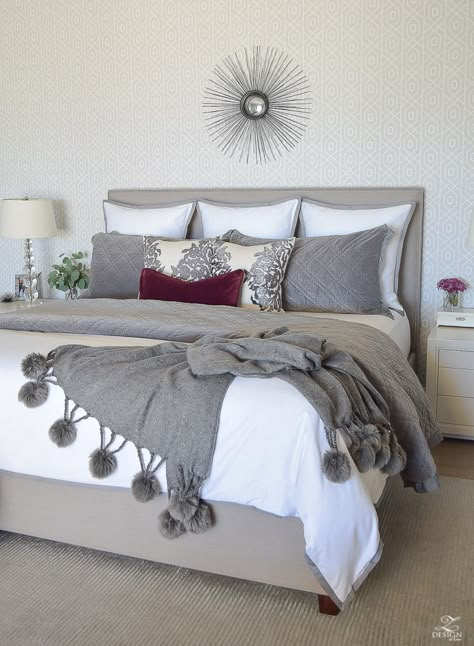 ZDesign At Home: Fall/Winter Master Bedroom Updates Zinus Bed, Ideas Recamaras, Rearranging Bedroom, Teal And Gray Bedroom, Bedroom Staging, Burgundy Bedroom, Lilac Bedding, Blue Gray Bedroom, Sheet Bedding