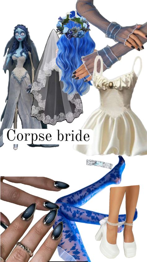 corpse bride costume idea Emily Corpse Bride Inspired Outfit, Simple Corpse Bride Costume, Corpse Bride Wedding Theme Ideas, Wedding Dress Halloween Costume Ideas, Diy Corpse Bride Costume, Emily Corpse Bride Costume, Corpse Bride Dress, Corpse Bride Wedding, Halloween Bride Costumes