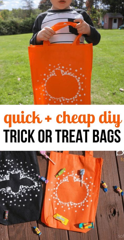 Quick and Easy Trick or Treat Bags- DIY Halloween Bags- Halloween Crafts for Kids Trick Or Treat Diy Bags, Trick Or Treat Bag Craft Preschool, Canvas Trick Or Treat Bags Diy, Decorate Your Own Halloween Bag, Decorate Halloween Bags, Diy Halloween Bags Trick Or Treat, Diy Halloween Gift Bags, Diy Trick Or Treat Bags For Kids, Halloween Treat Bags For Toddlers