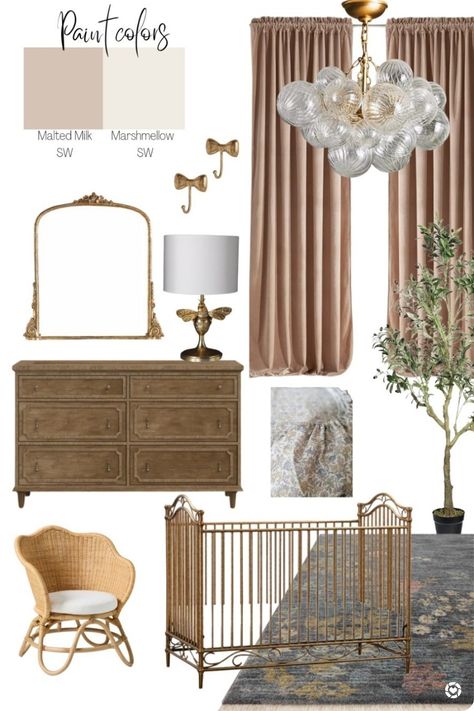 Traditional Nursery Pink, Antique Gold Crib Nursery, Nursery With Brass Crib, Metal Crib Nursery Girl Rooms, Anthropologie Inspired Nursery, Brass Nursery Decor, Cherry Crib Nursery, Vintage Gold Crib Nursery, Brass Baby Crib