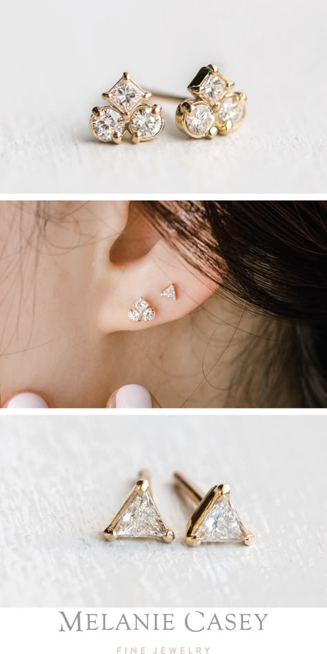 Simple Studs Gold Indian, Triangle Gold Earrings, Small Studs Gold, Small Diamond Earrings Unique, Simple Diamond Studs, Earings Diamonds Studs, Cute Stud Earrings Gold, Small Gold Earrings Studs Simple, Small Diamond Studs