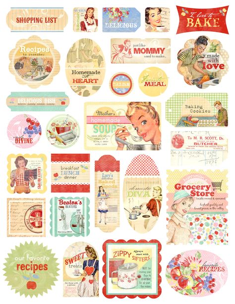 Printer Crafts, Scrapbook Memories, Recipe Album, Retro Stickers, Retro Printables, Kitchen Retro, Kitchen Stickers, Free Vintage Printables, Vintage Stickers