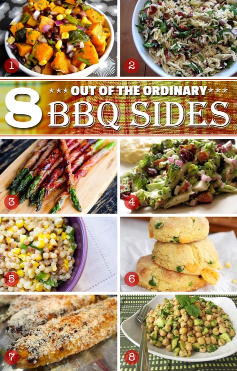 BBQ unique side dishes: sweet potato salad, Mediterranean orzo salad, prosciutto wrapped asparagus, broccoli slaw, corn fregola, cheddar jalapeno corn bread, elote - Mexican corn, chickpea avocado lime salad. | Posh In Progress Salad Prosciutto, Barbeque Sides, Mediterranean Orzo Salad, Asparagus Broccoli, Salad Mediterranean, Chickpea Avocado, Lime Salad, Barbecue Recipes Grill, Mediterranean Orzo