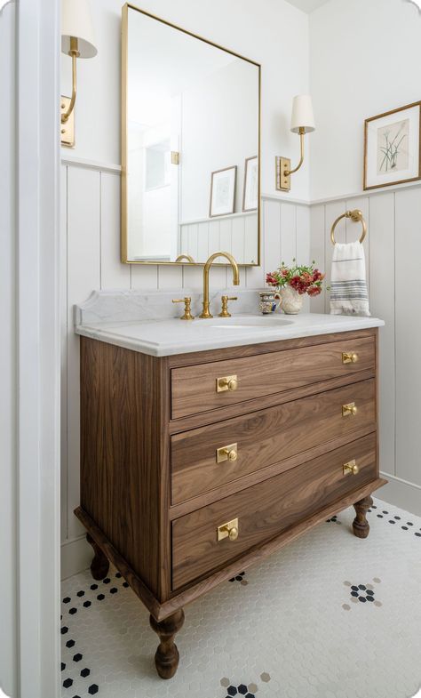 Powder Bath Vanity Ideas, Wood Vanity Gold Hardware, Unique Bathroom Vanities, Timeless Bathroom Vanity, Powder Bath Vanity, Townhome Remodel, Powder Room Vanity Ideas, Bathroom Mirror Inspiration, Colored Vanity