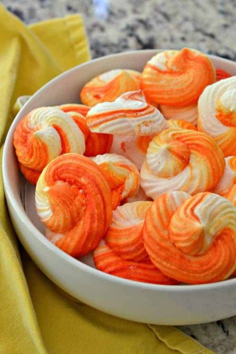 Orange Meringue Cookies | Small Town Woman Peanut Butter Oatmeal Muffins, Meringue Cookie, Meringue Cookie Recipe, Small Town Woman, Salted Chocolate Chip Cookies, Flourless Peanut Butter Cookies, Orange Food Coloring, Bangers And Mash, Blue Food Coloring