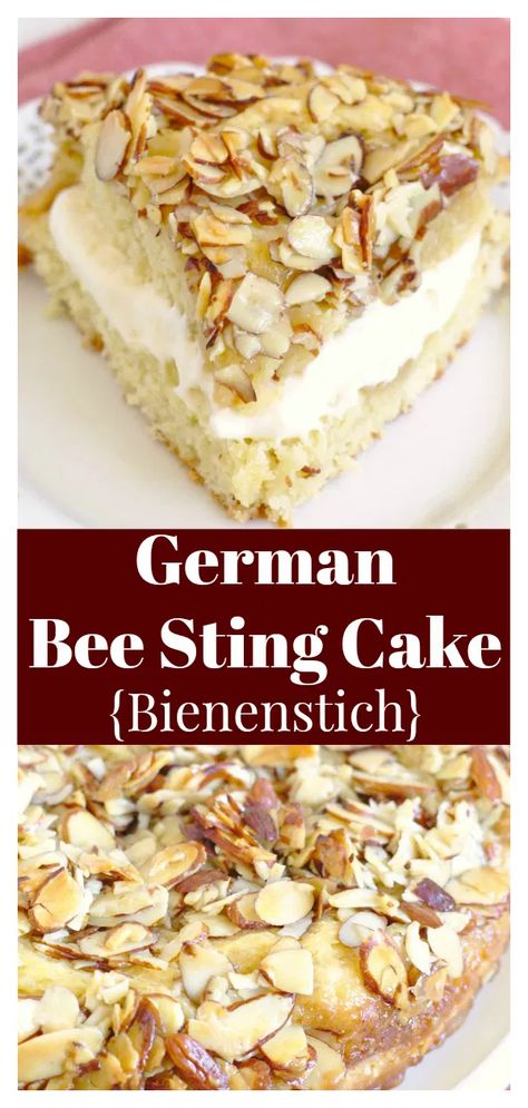 Yeasted Cake, German Bee Sting Cake, Bienenstich Recipe, German Pastries, Bee Sting Cake, Honey Dessert, Almond Desserts, German Food Authentic, Homemade Pastry