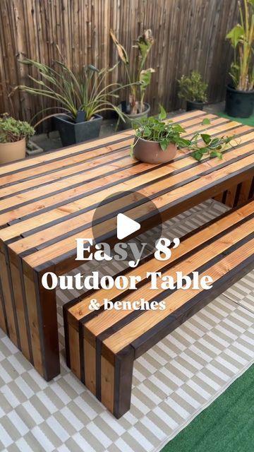 Deanna Dunn on Instagram: "Follow @deannadunn for more! Going to post a full tutorial for this DIY with a price breakdown, wood cut list and products used to make your own 8’ table!   This striped outdoor patio table and bench concept is pretty simple to do - the hardest part is lugging all this wood 😅 but it’s so big and makes such a statement 😍 and you know I’ve been loving my striped wood lately! What do you think?!" Outdoor Wood Table, Striped Wood, Diy Patio Table, Rustic Outdoor Furniture, Wood Bench Outdoor, Furniture Diy Ideas, Porch Table, Diy Outdoor Table, Outdoor Patio Table