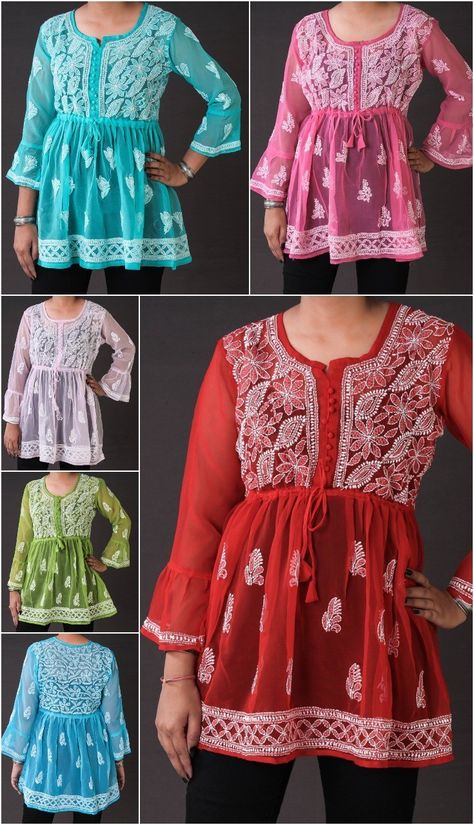 Hairstyles On Chikankari Kurti, Short Kurti Designs Chikankari, Chicken Kari Tops For Jeans, Chikankari Short Kurta With Jeans, Short Chinkari Kurti, Lakhnavi Kurti With Jeans, Short Chickenkari Kurti With Jeans, Chikenkari Dress Ideas Frock, Short Chickenkari Kurti