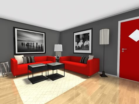 Small Room Ideas - Open Living and Dining Room Furniture Layout Living Room Design Black, Grey And Red Living Room, Red Sofa Living, Red Living Room Walls, Red Furniture Living Room, Red Sofa Living Room, Small Room Paint, Red Living Room Decor, Grey Walls Living Room