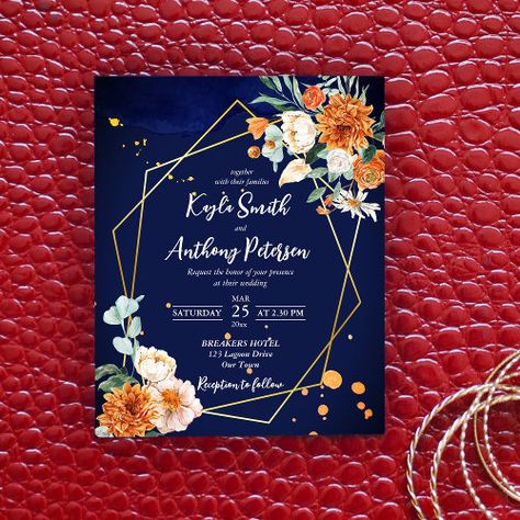 $1.33 | Budget navy blue orange white roses wedding invite #floral, wedding invitation template, watercolor, elegant, budget invite, gold frame, navy blue, sage greenery, burn orange flowers, white roses Flowers White Roses, Orange Weddings, Sage Eucalyptus, Burn Orange, Popular Wedding Invitations, Dragon Wedding, Burnt Orange Weddings, White Roses Wedding, Budget Wedding Invitations