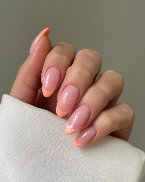 #ad 🧡🍑🌷 @the_gelbottle_inc Hubba Bubba Daisy Clients - please book standard for this design | Instagram Almond Nails Peach Color, French Peach Nails, Holiday Nails Summer Acrylic 2024 Almond, Peach Coloured Nails, Peach Colour Nails, Peach French Nails, Peach French Tips, Spring Nails Peach, Peach French Tip Nails