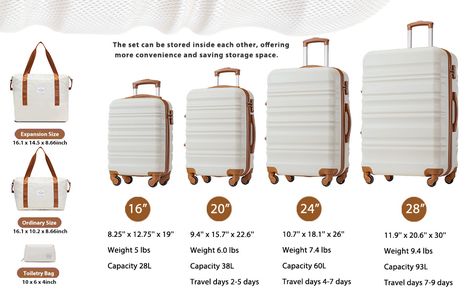 The affordable luggage sets include 16'' underseat carry-on luggage, 20" carry on luggage, 24" checked luggage, 28" large luggage, a weekender travel bag and a toiletry bag. Stylishly designed to make travel effortless. 4 Silent spinner wheels allow smooth movement and very high ride comfort. Luggage passed the drop loading test and wheel rolling test. The 3 level retractable handle providing easy maneuverability and relieving arm pressure while on the movement. Best choice for long time usage. Classic Large Capacity Luggage, Large Capacity Luggage With Double Handle, International Carry On Luggage, Cheap Large Capacity Luggage For On-the-go, Cheap Rectangular On-the-go Luggage, Underseat Carry On, Travel Luggage Set, Rectangular Luggage With Top Carry Handle For On-the-go, Luxury Luggage