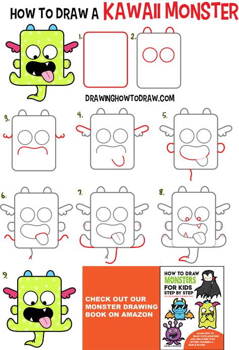 Learn How to Draw a Cute Kawaii Monster with Easy Step by Step Drawing Tutorial for Kids How To Draw Cute Monsters, Cute Monsters Drawings Easy, How To Draw A Monster, Easy Monster Drawing, Monsters Drawing, Draw Monster, Draw Kawaii, Kawaii Monster