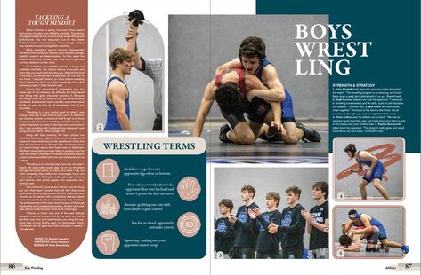 #yearbook #herffjones #ybk #olathenorthwest #onwybk #spreads #design #photography #copy #boyswrestling Yearbook Spreads, Yearbook Layouts, Yearbook Pages, Yearbook Design, Album Design, Yearbook, Spreads, Design Photography, Wrestling