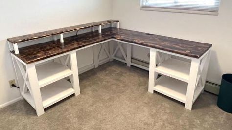 Homemade Office Desk, L Shaped Craft Desk, Diy Corner Desk With Storage, Homemade Desk Ideas, Diy Two Person Desk, Rustic Office Decor Ideas, L Shaped Desk Diy, Desk Building Plans, Diy Gaming Desk