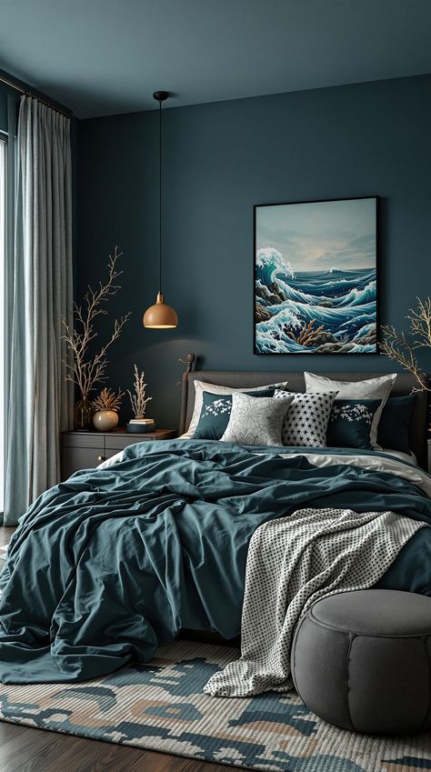 Dark Teal Bedroom Forest Green And Teal Bedroom, Dark Teal Bedroom Ideas Accent Wall, Small Teal Bedroom, Modern Luxury Bedroom Design Master Suite Blue, Cool Tone Bedroom Ideas Blue, Teal And Navy Bedroom Ideas, Teal Primary Bedroom, Bedding For Teal Walls, Sea Serpent Bedroom