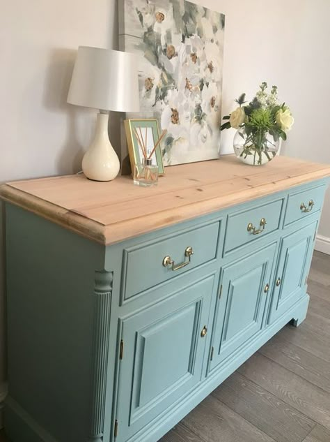 Upcycled Living Room Furniture, Upcycled Oak Furniture, Buffet Table Flip, Oak Sideboard Makeover, Restored Buffet Cabinet, Pine Sideboard Upcycle, Stained Top Painted Bottom Furniture, Natural Wood And Painted Furniture, Sideboard Paint Ideas