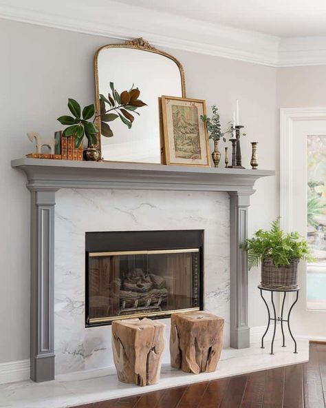 Barton Creek Interior Design by Terravista Interior Design Fireplace Mantle Decor With Mirror Traditional, Mantle Piece Mirror, Mantles With Mirrors Above, Picture Above Fireplace, Mirror Above Mantle, Fire Mantle Decor, Mirror Fireplace Mantle, Fireplace Mantel Decor Ideas, Living Room Mantle Decor