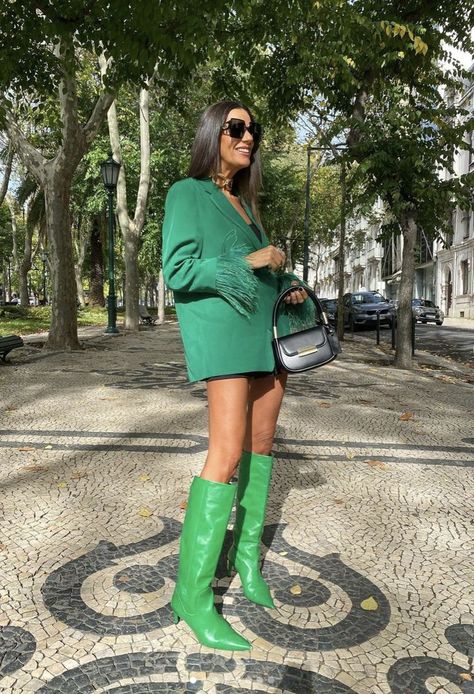 Green Knee High Boots Outfit, Green Boots Outfit, Green Knee High Boots, Knee High Boots Outfit, Outfit Blazer, High Boots Outfit, Green Boots, Am I Cute, Boots Outfit