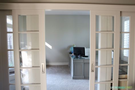 Updating and painting the office. Pine Interior, Sliding French Doors, Internal French Doors, Life On Virginia Street, Rearranging Furniture, Interior Design Elements, Wall Trim, Office Makeover, French Doors Interior