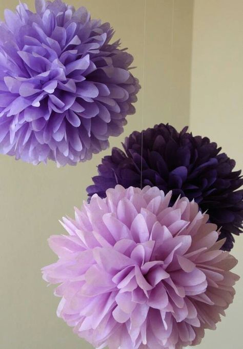 Bridal Shower Decorations Diy, Birthday Party Decorations Diy, Tissue Paper Pom Poms, Paper Pom Poms, Custom Cupcakes, All Things Purple, Diy Room, Bridal Shower Decorations, Purple Wedding