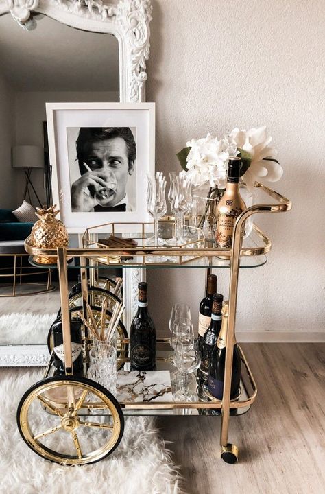 Bar Cart In Living Room, Vintage Bar Cart Styling, Living Room Bar Cart, Bar Cart Aesthetic, Aesthetic Bar Cart, Wallpaper Farm, Cart Aesthetic, Gold Bar Cart Styling, Bar Cart Inspiration