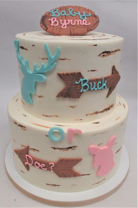 Buck or Doe? gender reveal 2-tier cake by Flavor Cupcakery Country Gender Reveal, Cake Gender Reveal, Baby Reveal Ideas, Baby Reveal Cakes, Creative Gender Reveals, Twins Cake, Gender Reveal Party Theme, Gender Reveal Themes, Gender Reveal Ideas