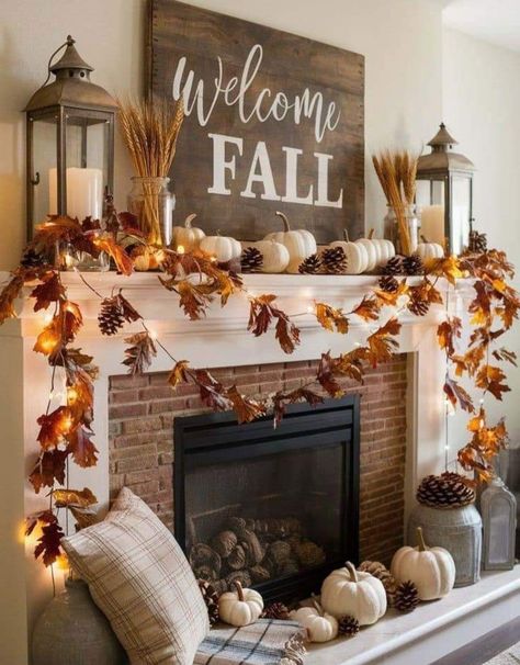 Fall Decor Mantle Ideas, Small House Fall Decorating, Fall Decor Rustic, Fall Ledge Decor, Fall Season Decorations, Fall Decor For Built In Shelves, Fall Decorations Apartment, Autumn Fireplace Decor Ideas, Indoor Autumn Decor Ideas