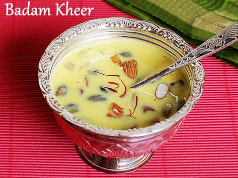 Badam kheer - Badam payasam is a creamy, rich and delicious Indian pudding made with almonds, milk, sugar, cardamoms and saffron. This dessert tastes divine and is great to make for any celebrations or festive occasions. Badam kheer is made much similar to the popular Indian beverage badam milk or badam paal. The consistency of the badam kheer is thicker & tastes great when it is prepared with smoothly ground almonds. The taste comes close to Basundi. Vermicelli or sago can also be used in this Badam Kheer, South Indian Sweets, Indian Mithai, Diwali Sweets Recipe, Indian Pudding, Kheer Recipe, Easy Sweets, Diwali Sweets, Diwali Food