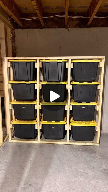 Sarah Belle | DIY & Home on Instagram: "Basement Storage Transformation ✨  Thanks to the amazing build plans from @declassified_woodworks I whipped up this affordable and customizable storage solution using 27-gallon totes.   My basement was in dire need of organization after becoming a “catch-all” during the move, and this DIY Project totally saved the day!   Head over to my highlight for a glimpse into the build process and more DIY storage ideas!  #diystorage #totestorage #diy #organization #homeimprovement #27gallontotes #budgetfriendly #customstorage" Tote Storage Shelves Diy Garage, Shelving For Storage Totes, 27 Gallon Tote Storage Shelf Diy Free, How To Build Storage Shelves In Basement, 27 Gallon Tote Storage Shelf Diy, Tote Storage Shelves Diy, Storage For Totes In Basement, 27 Gallon Tote Storage, Storage Tub Organization Garage