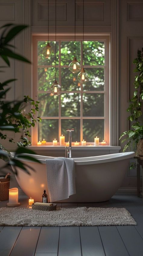 Serene bathroom oasis with freestanding bathtub, candles, plants, and natural light for ultimate relaxation. Candles Around Bathtub, Bathtub In Bathroom, Dreamy Bathtubs, Bath Tub Aesthetic, Candles Bathtub, Bathtub Alcove, Bath Window, Lush Plants, Stand Alone Tub