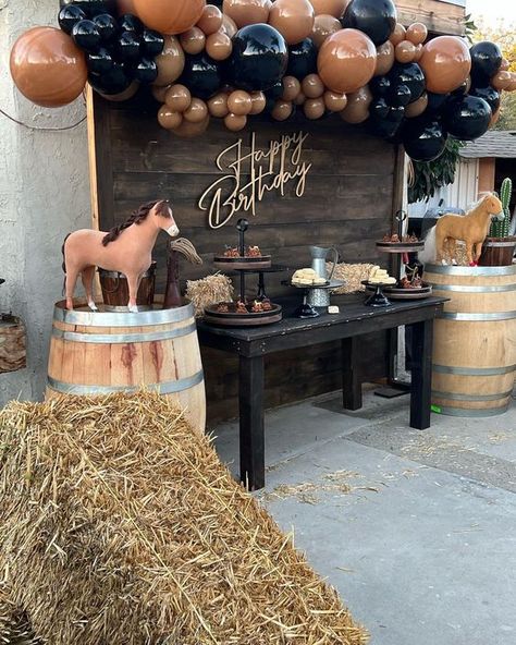 Western Birthday Party For Men, Cowboy Birthday Theme For Men, Cowboy Theme 50th Birthday Party, Black Rodeo Party, Cowboy Birthday Party Ideas Table Decorations Western Theme, Western Birthday Backdrop, Cowboy 40th Birthday Party, Rancho Birthday Theme, Cowboy Table Decorations