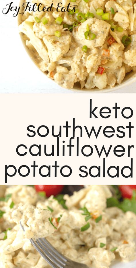 With the flavors of chipotle, lime, and cilantro this Southwestern Cauliflower Salad Recipe will be one of the best things you have ever eaten. You won't miss real potato salad once you try my Spicy Cauliflower Potato Salad. This easy recipe is low carb, keto, gluten-free, grain-free, dairy-free, sugar-free, and a Trim Healthy Mama S. It is also paleo and Whole30 friendly! Southwest Cauliflower, Atkins Salads, Salads Broccoli, Carb Swaps, Vegan Barbeque, Cauliflower Potato Salad, Cauliflower Salad Recipe, Keto Mashed Cauliflower, Grilled Potato Salad